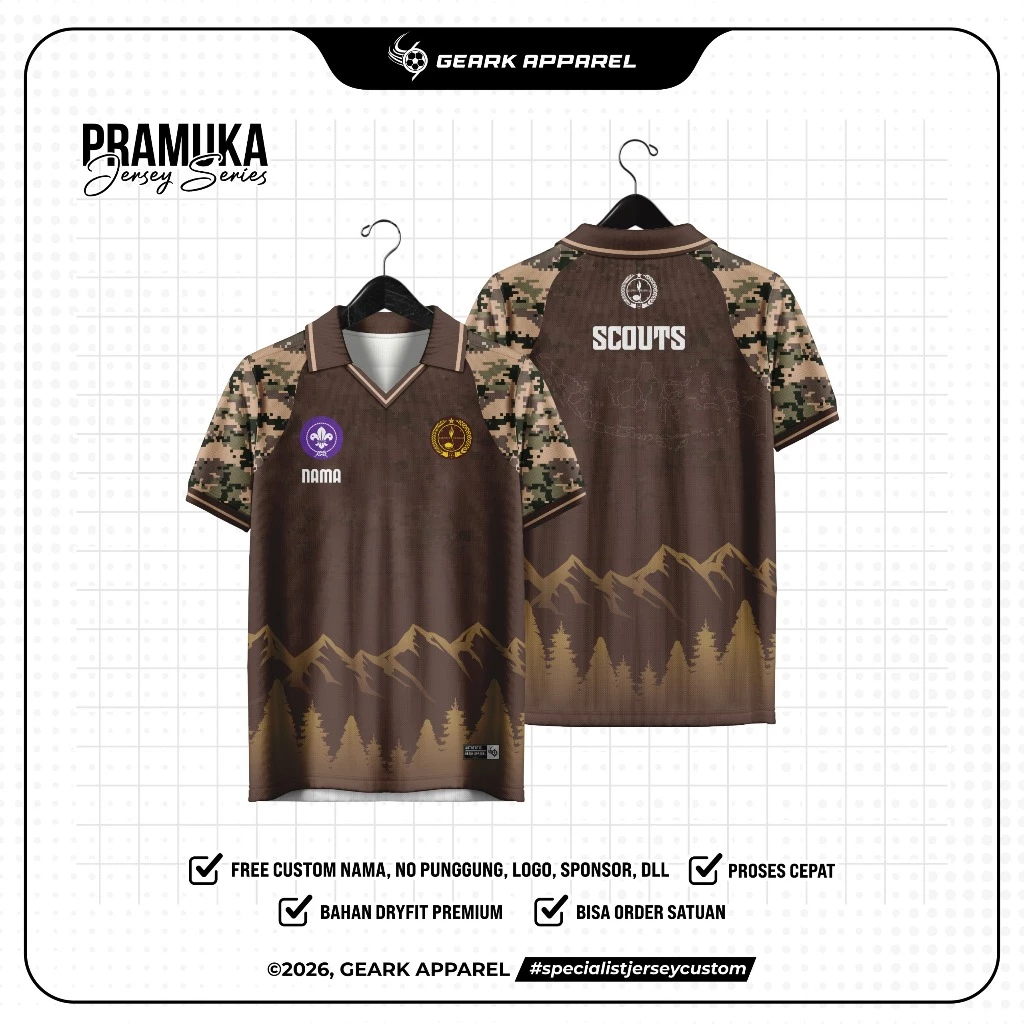 Jersey Pramuka Custom Nama & Logo | Baju Kaos Kegiatan Pramuka Full Printing Premium