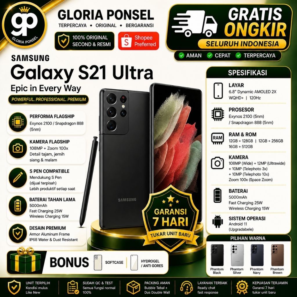 Samsung Galaxy S21 Ultra Second Sein Like New 99% garansi resmi
