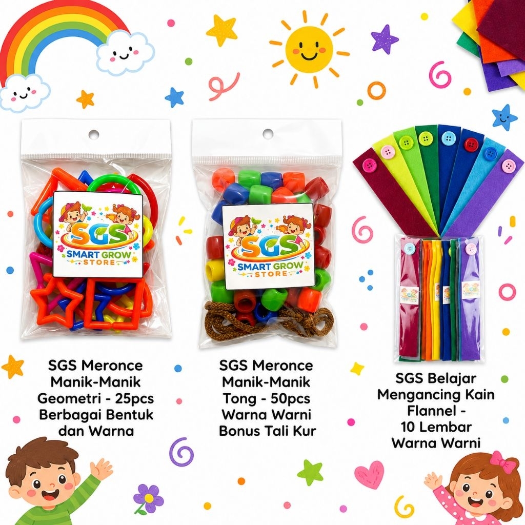 Paket Mainan Pintar Anak 3in1 Meronce Manik-manik Geometri Manik-manik Tong & Mengancing Flanel