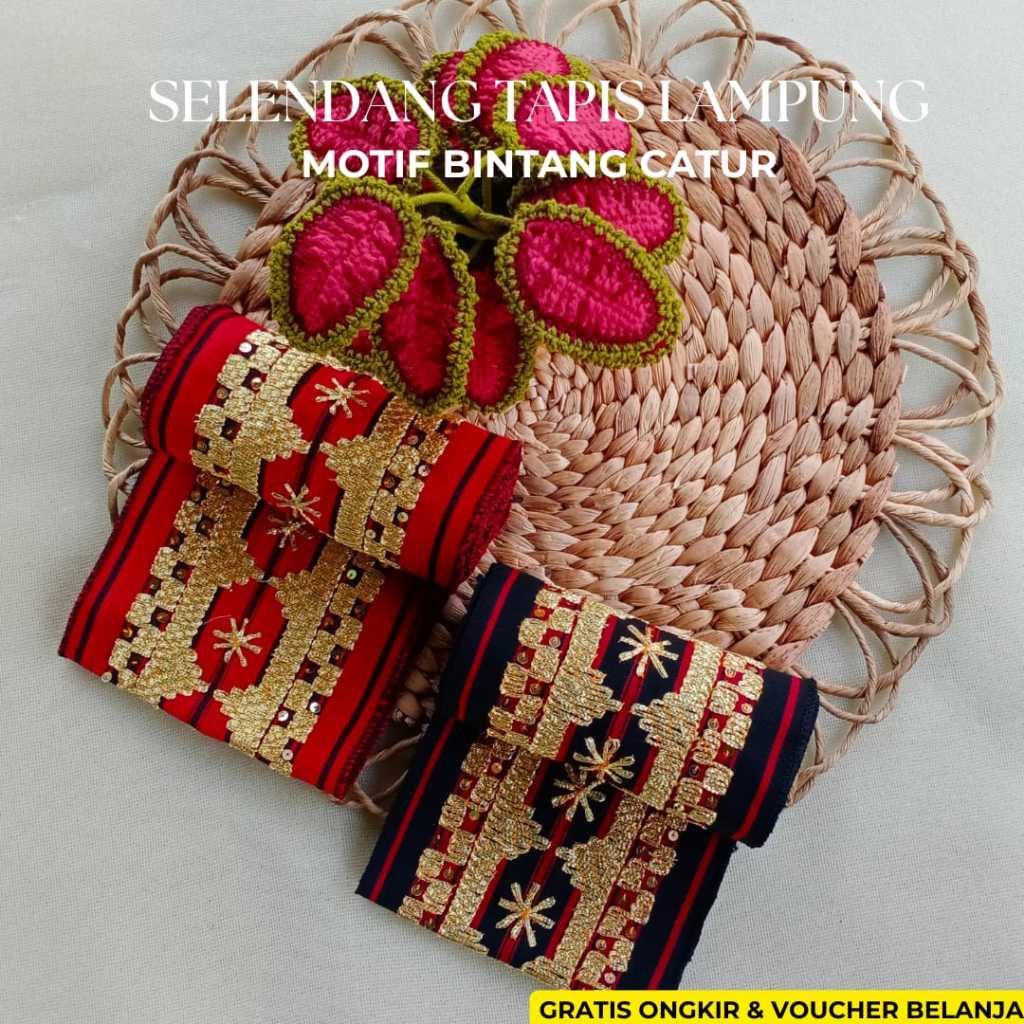 Selendang/Bisban Sulam Tapis Lampung - Bisban Tapis Motif Kembang Catur - Selendang Acara Khas Lampu