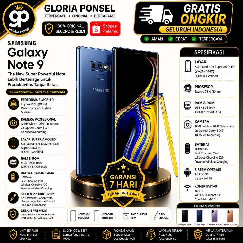 Samsung Galaxy Note 9 Second Sein Like New 99% garansi resmi
