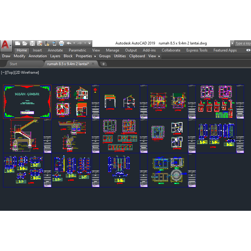Gambar Rumah 2 Lantai ( 8.5  x 9.4 m ) format dwg