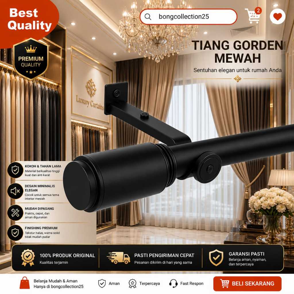 Tiang Gorden | Batang Horden Jendela Minimalis Full Set Bonus Buble Warp Varian Warna HITAM