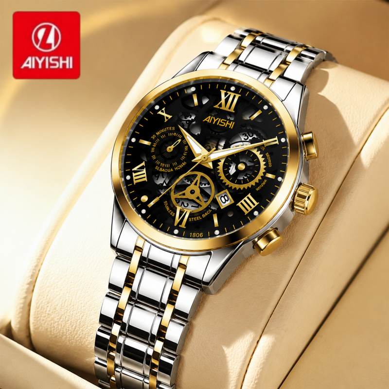 AIYISHI Jam Tangan Pria Jarum Analog Modis Lubang Hias Mewah Bisnis Sehari-hari Mesin Kuarsa Tali Ba