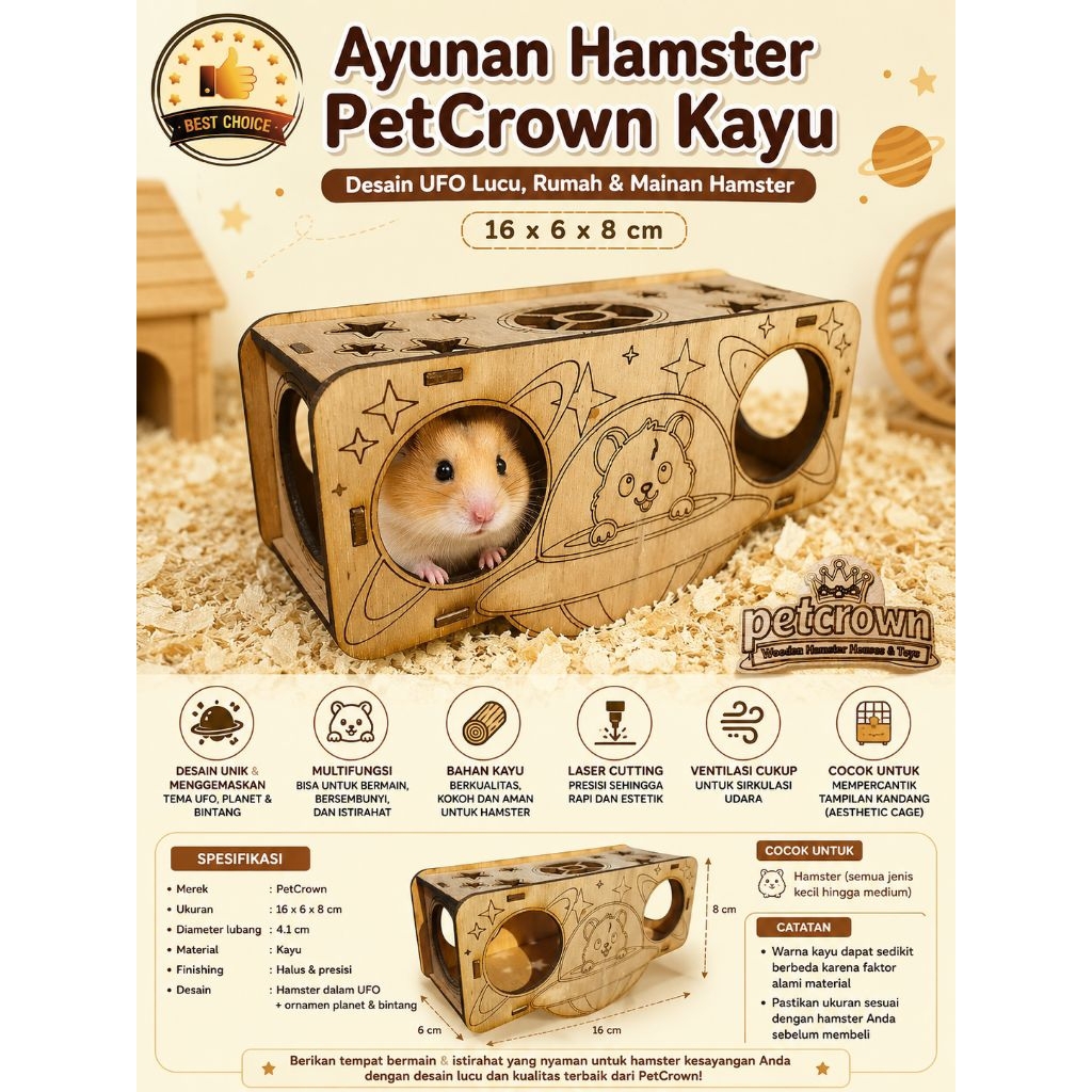 Ayunan Hamster PetCrown Kayu – Desain UFO Lucu, Rumah & Mainan Hamster – 16x6x8 cm
