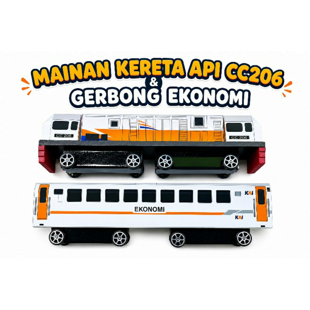 mainan paket Lokomotif dan gerbong cc206 dan gerbong ekonomi