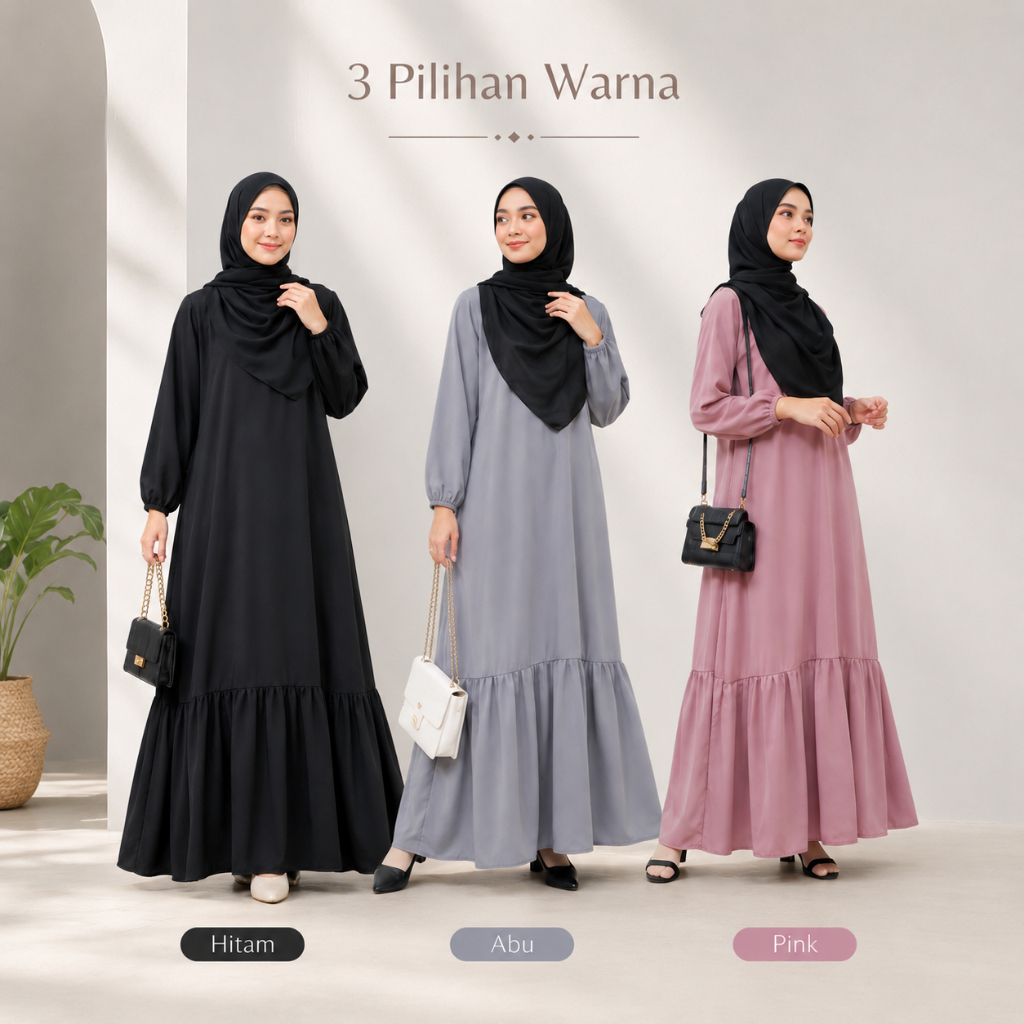Abaya Wanita Muslim Polos Umbrella Rempel Hitam Busui Wudhu Friendly Gamis Saudi Premium