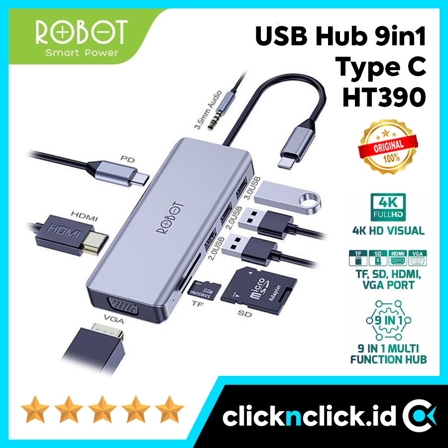 ROBOT HT390 9in1 - USB Hub Type C to HDMI VGA USB SD Card Micro TF Audio Jack 3.5mm AUX PD MacBook A