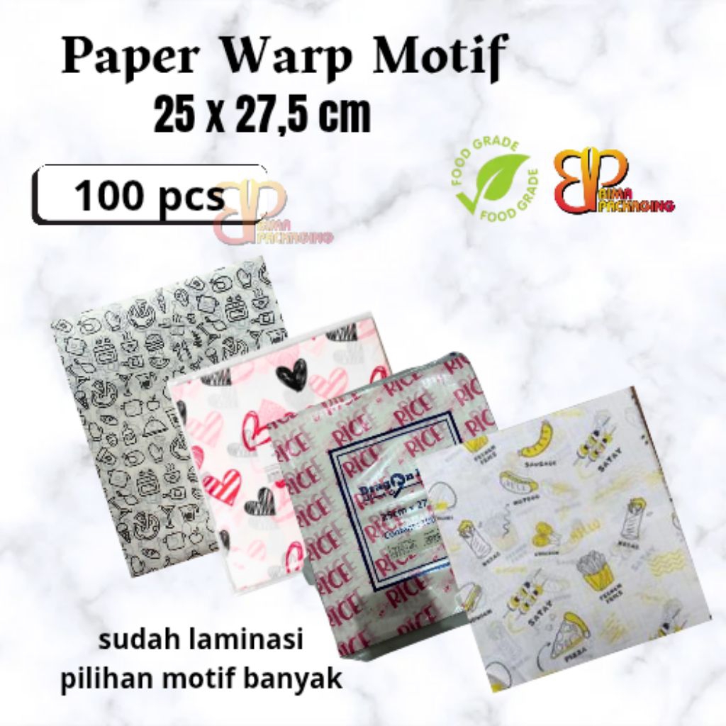 Kertas Nasi Motif 25 x27,5 cm Paper Wrap 100pcs Printing Laminasi  Food Grade bungkus nasi Burger Mi