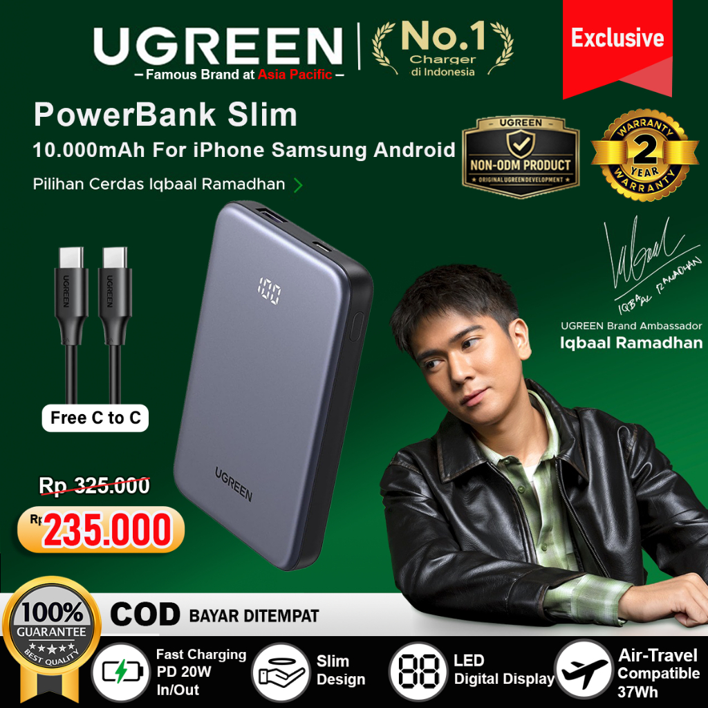 UGREEN PowerBank Slim 10.000mAh PD Type C Fast Charging 20w For iPhone Samsung Android