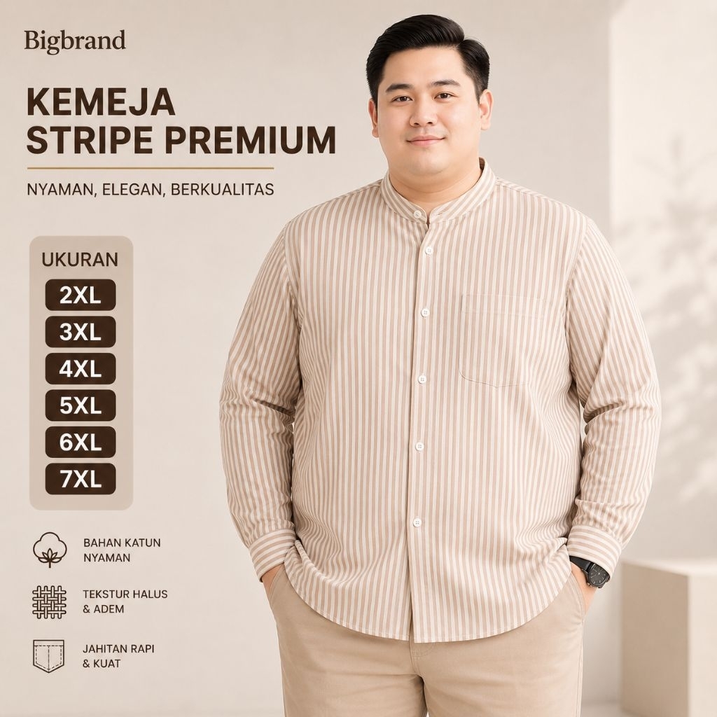 Bigbrand Kemeja Salur Lengan Panjang Pria Jumbo Big Size Premium Hem Salur Garis Garis Terbaru