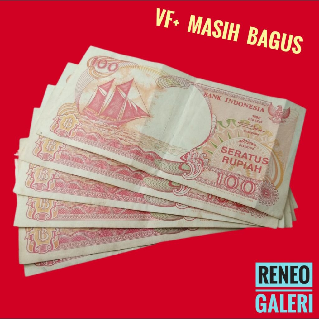 VF+ asli 100 rupiah perahu pinisi tahun 1992 Rp uang kertas kuno duit lama Indonesia original kapal 