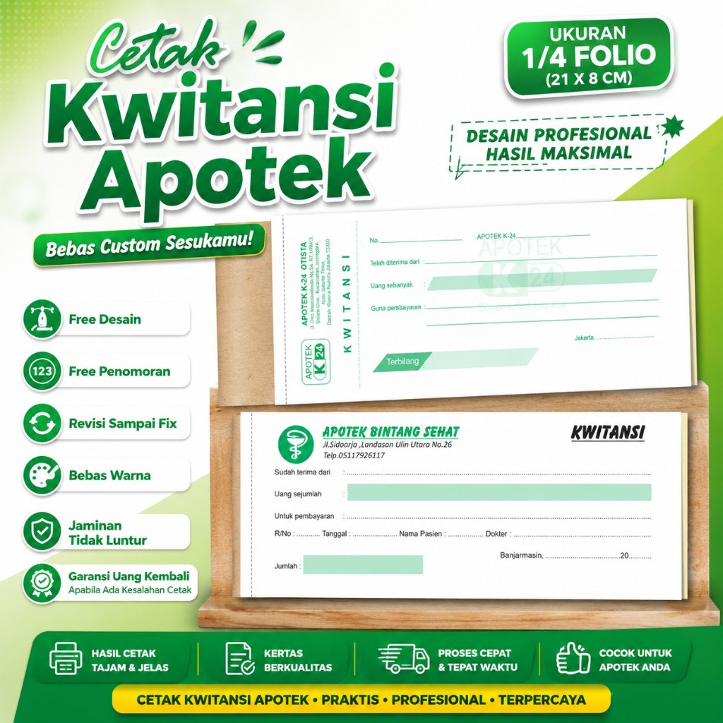 kwitansi apotek Custom ukuran 1/4 folio ( 8 x 21 cm )