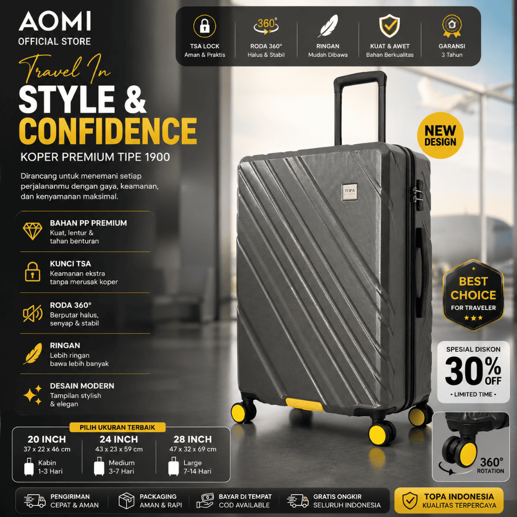 Koper Bagasi AOMI 1900 – 28”, PC Topa Ringan & Tahan Bentur