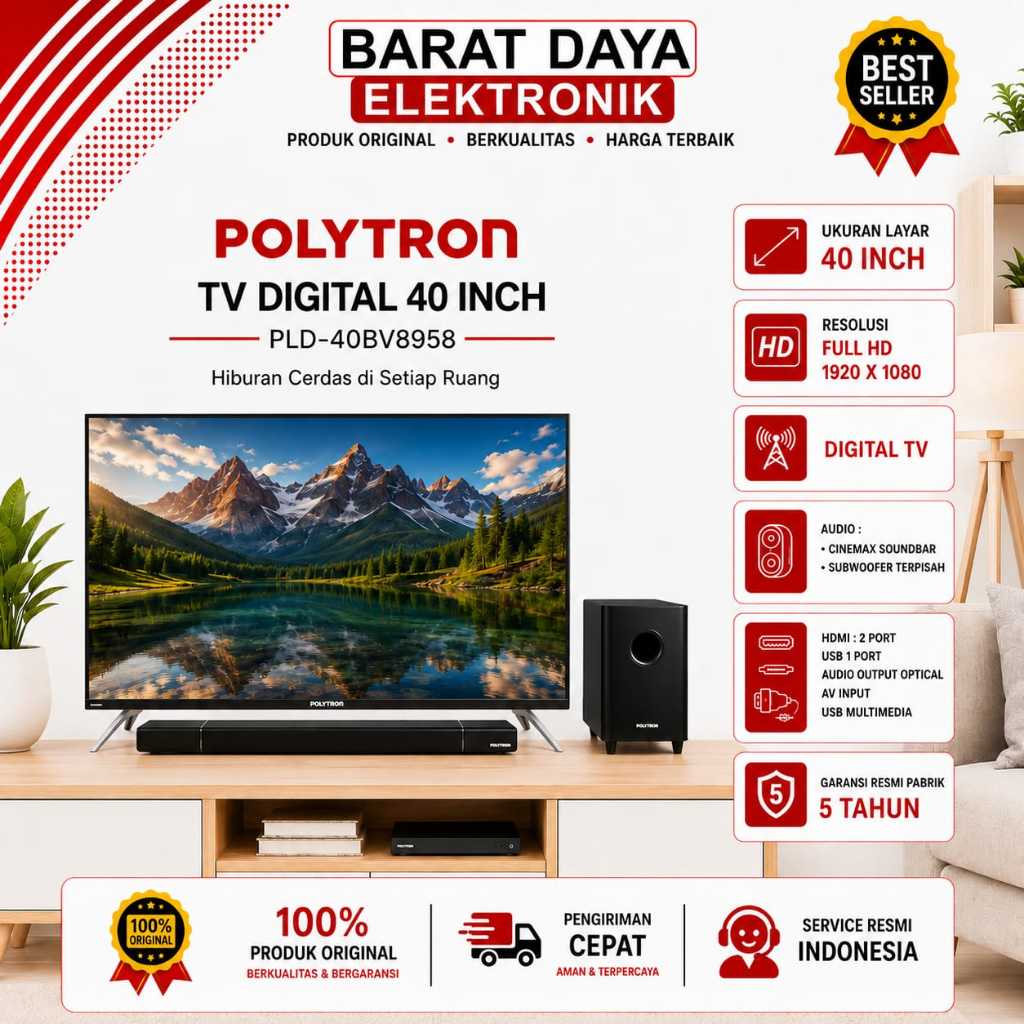 POLYTRON LED TV 40 Inch Full HD - PLD40B8958 + Cinemax SoundBar