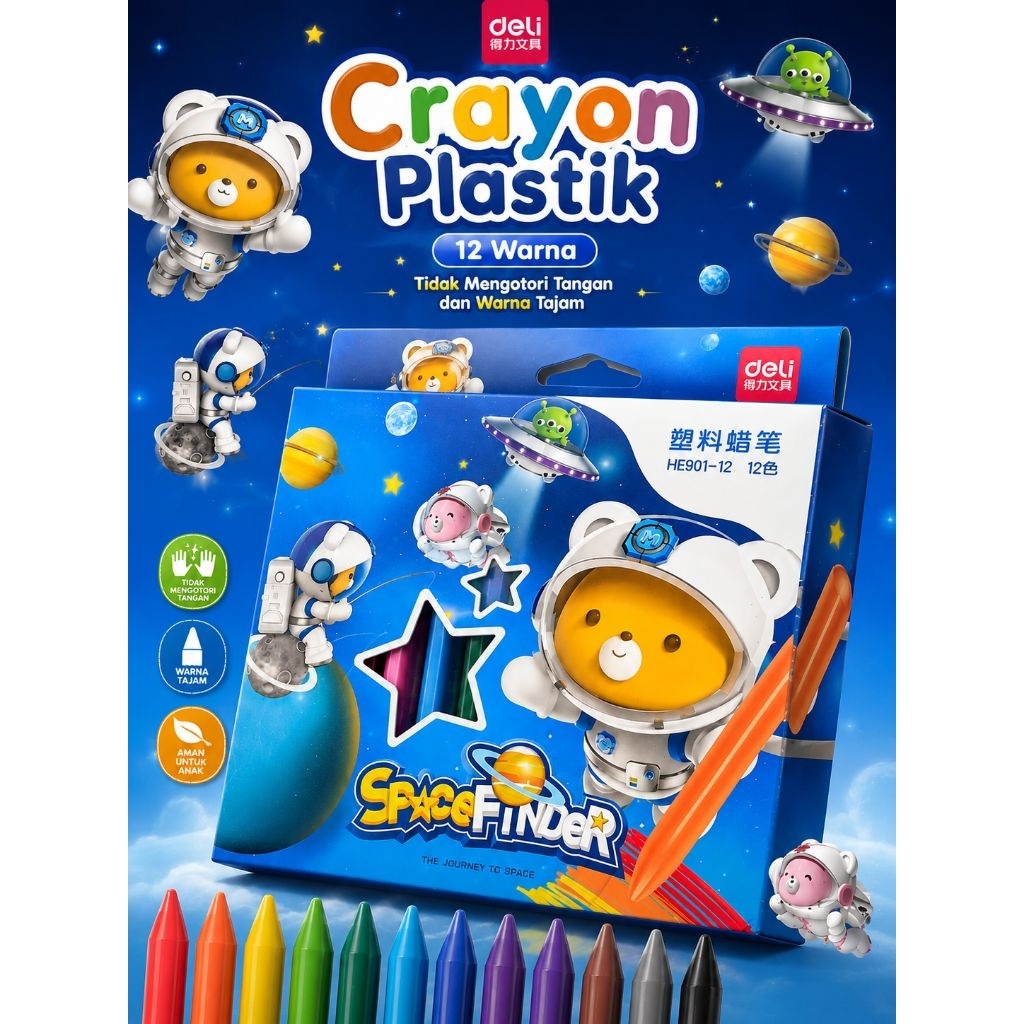 Crayon Plastik Deli 12 Warna Space Finder Tidak Mengotori Tangan Warna Tajam Untuk Anak