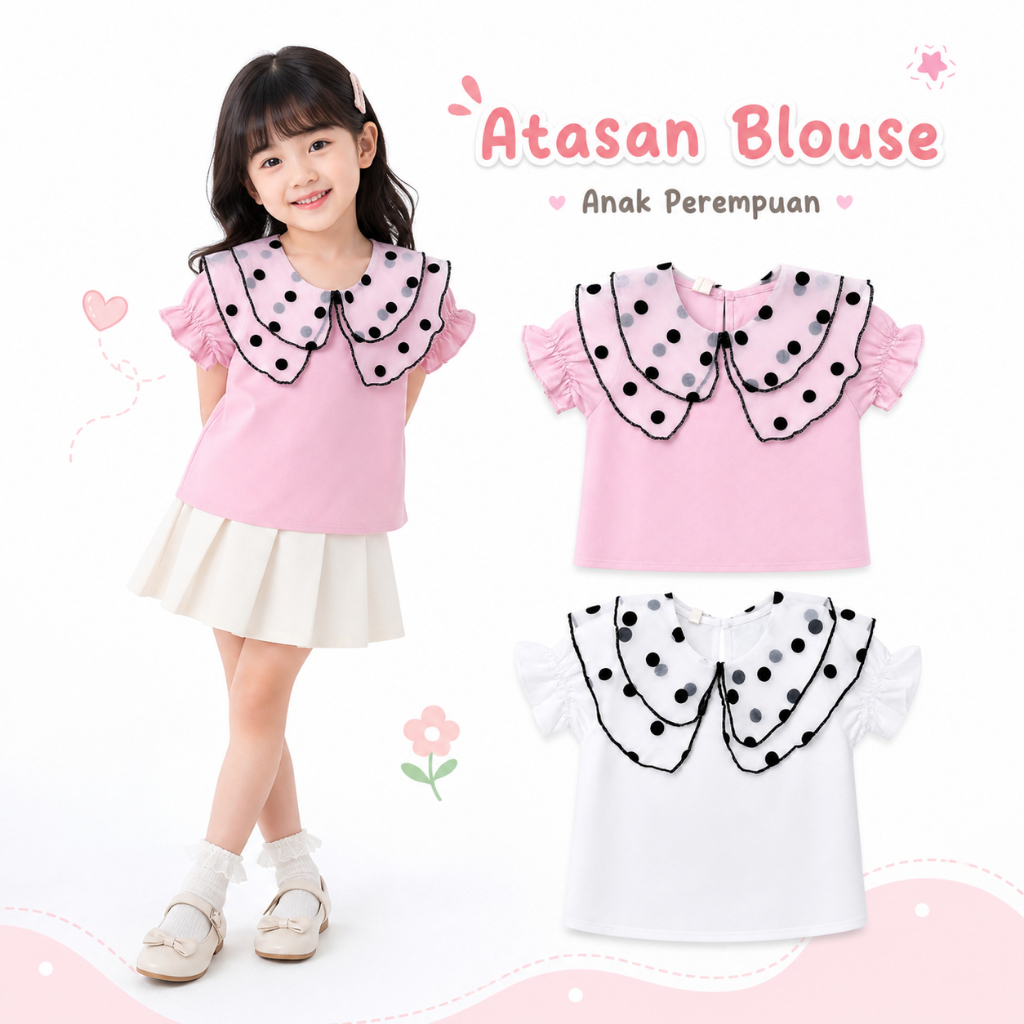 Atasan Blouse Anak Perempuan Usia 3-8 Tahun Polkadot | Baju Anak Perempuan Lucu Korean Style