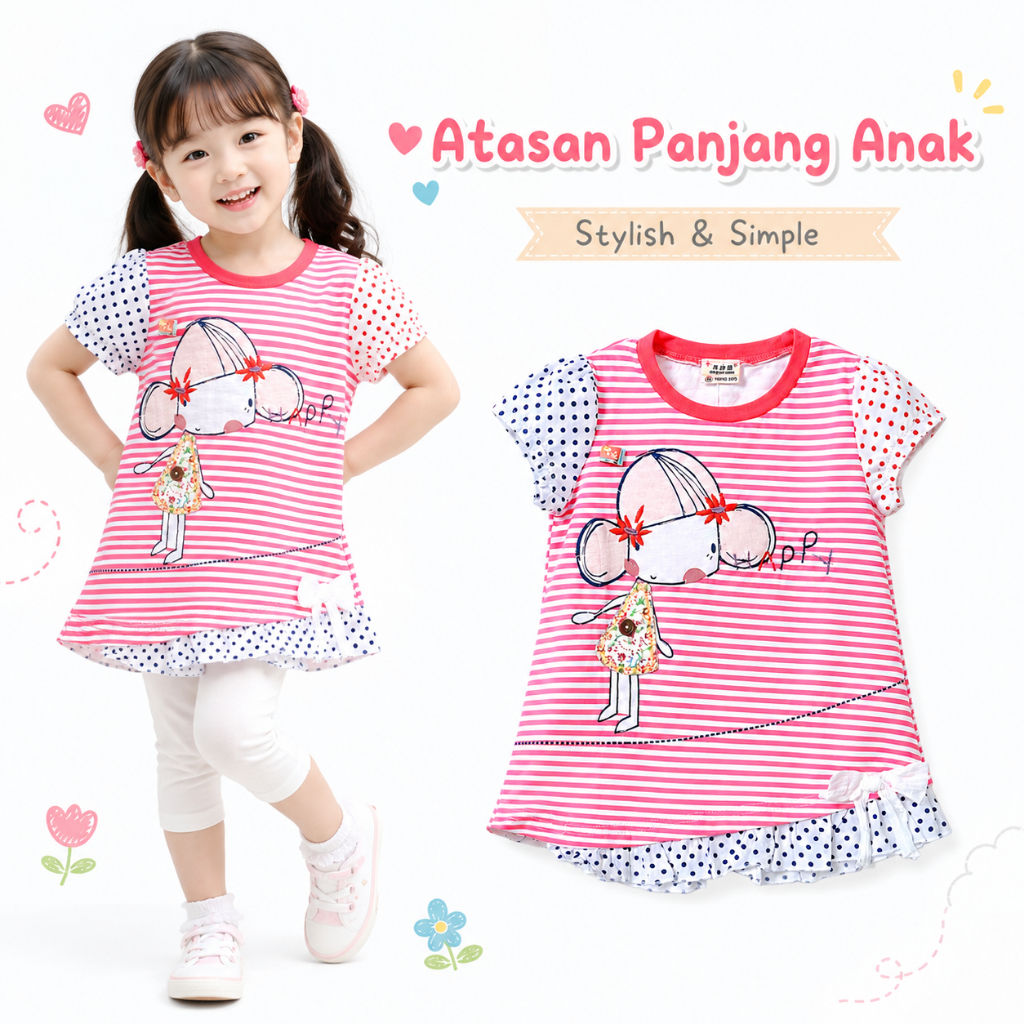 Atasan Panjang Anak Perempuan Usia 3-7 Tahun Lucu Motif Kartun | Kaos Tunik Anak Perempuan Ruffle