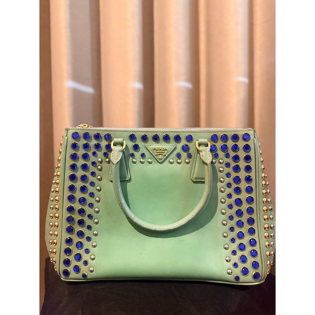 Tas Preloved Prada Saffiano with Blue Crystal and Silver Stud
