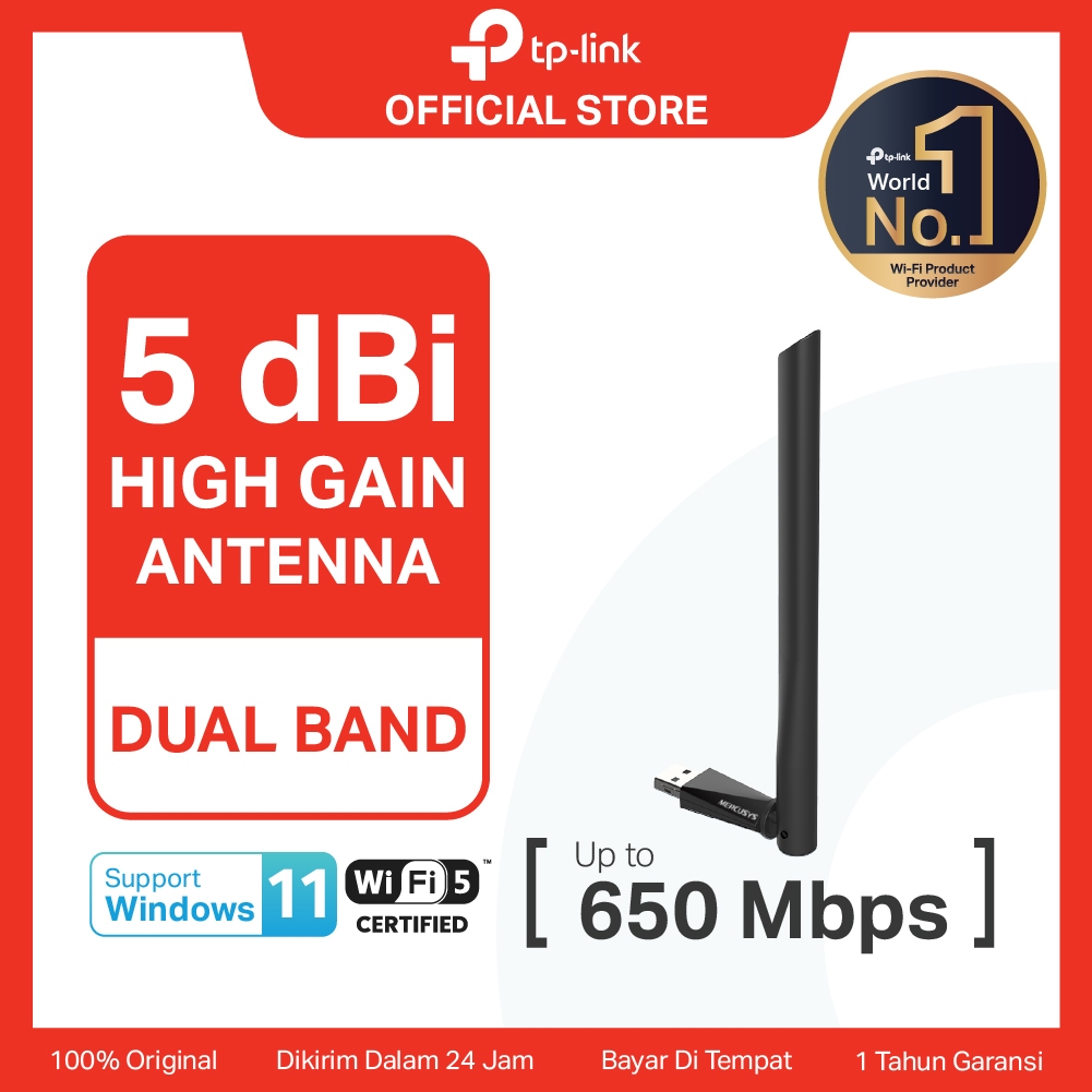 TP-Link | Mercusys MU6H | AC650 High Gain WiFi 5 Adapter | Dual Band | USB Adapter | Dongle WiFi