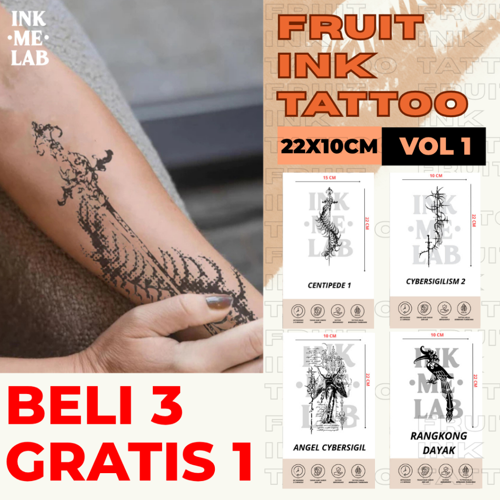 INKMELAB - 22X10 CM VOL 1 cm Fruit Ink Temporary Tattoo ukuran besar - Tato Temporer Semi Permanen c