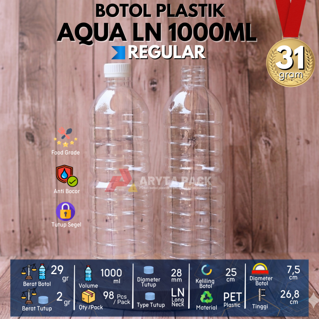 Botol plastik PET 1liter 1000ml aqua minuman mineral jus susu kopi minyak tutup LN warna-warni - FLA