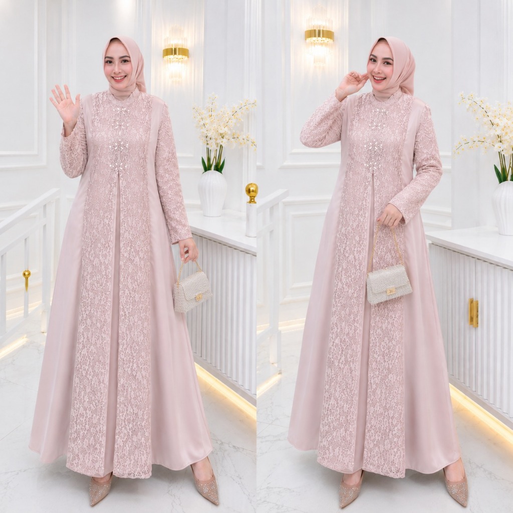 Gamis Brokat Terbaru Mewah Kekinian Nazeera Maxy NF Bahan Velvet Mix Brukat Chantilly + Payet Ukuran
