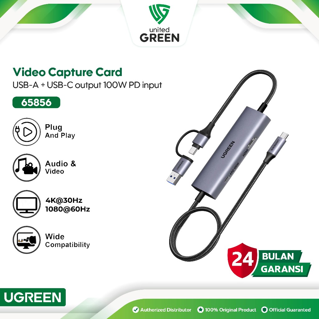 UGREEN 65856 Video Capture Card USB / Type C with PD 100W 4K 30Hz 2K 60Hz HDMI Loop Out 1080P 60Hz U