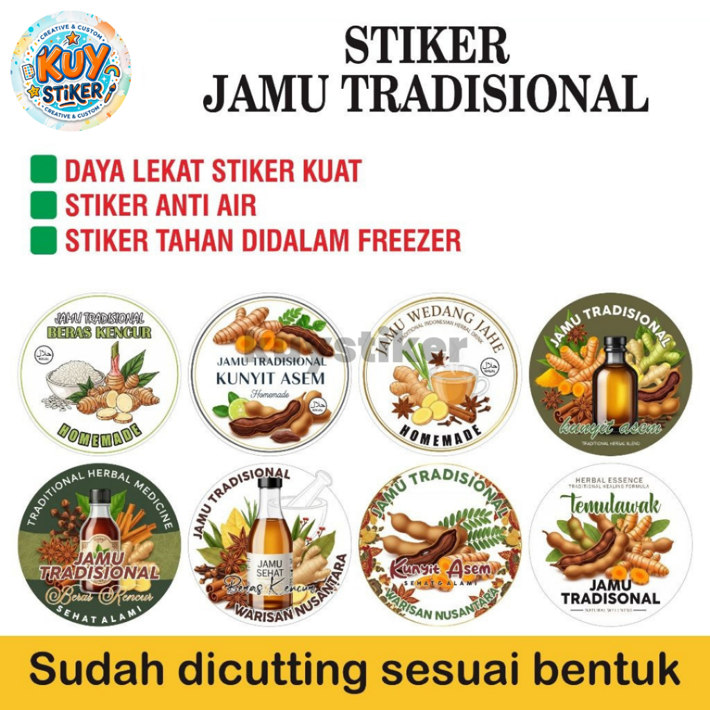 KUY Stiker Jamu Tradisional Botol | Sticker Cup Minuman Herbal Transparan Tahan Air Lem Kuat