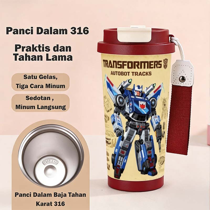 Transformers Tracks Tumbler Stainless Steel 316 500ml - Anti Bocor, Desain Minuman Ganda, Anti Melep