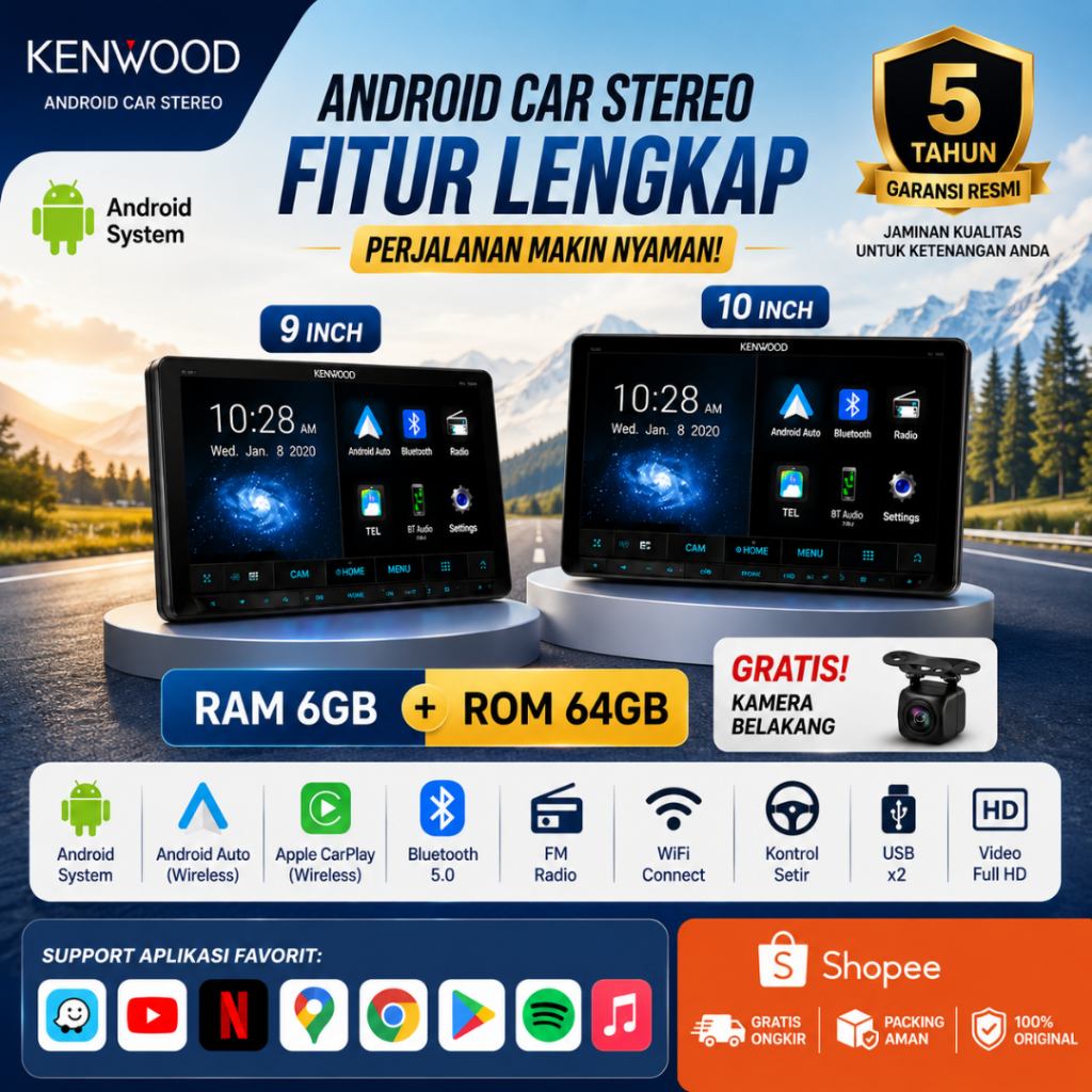 [BARU] Kenwood Android Player 9/10 Inch | RAM6+64GB | GPS Support Apple CarPlay/Android Auto Bluetoo