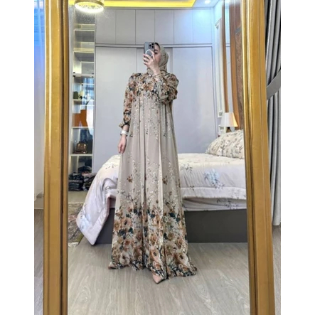 Gamis Set Hijab Wanita Bahan Ceruti Premium Motif Bunga Elegan Allsize