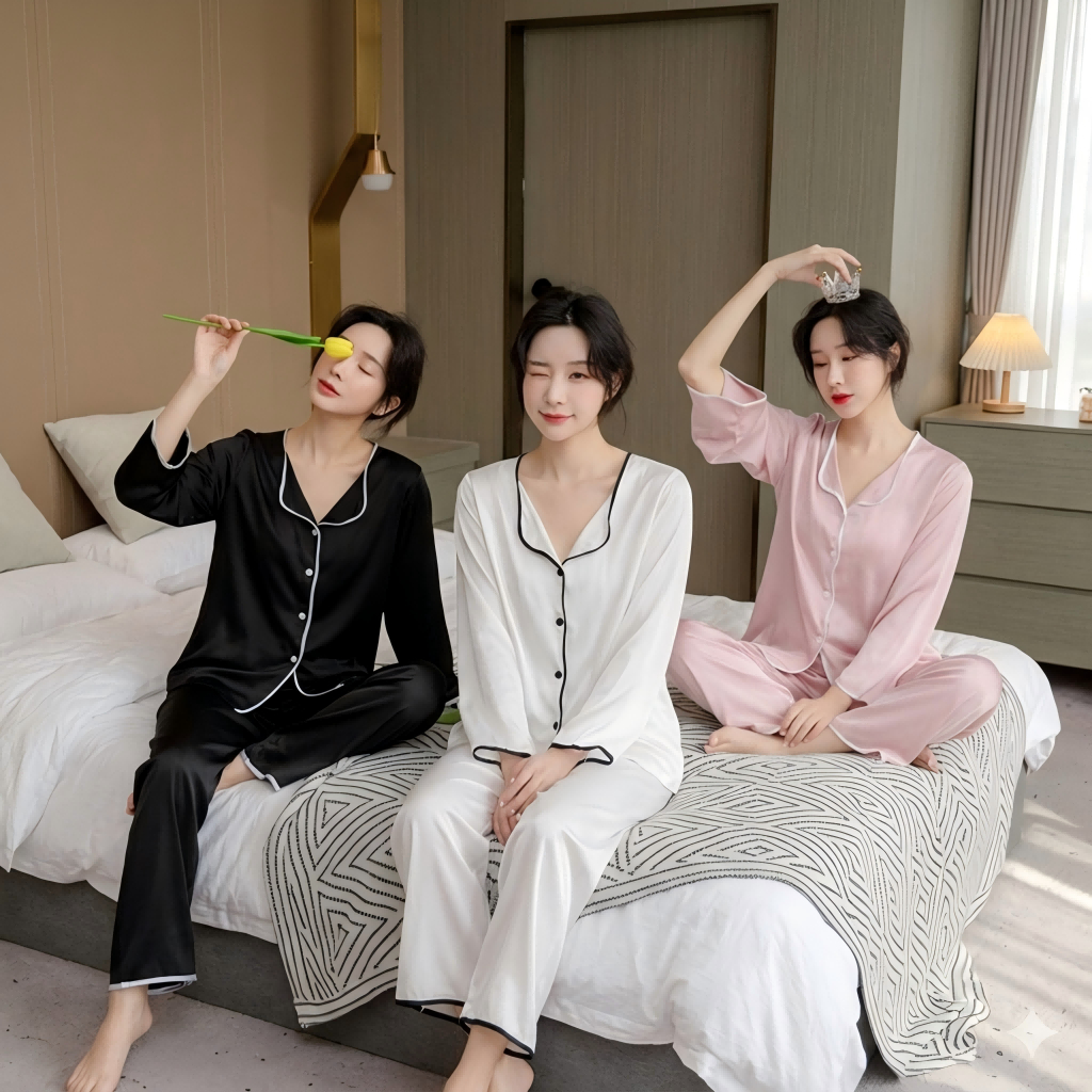 Piyama Wanita Ice Silk Polos Elegan Tepi Gelombang Piyama Wanita Lengan Panjang Korea Nyaman Dipakai