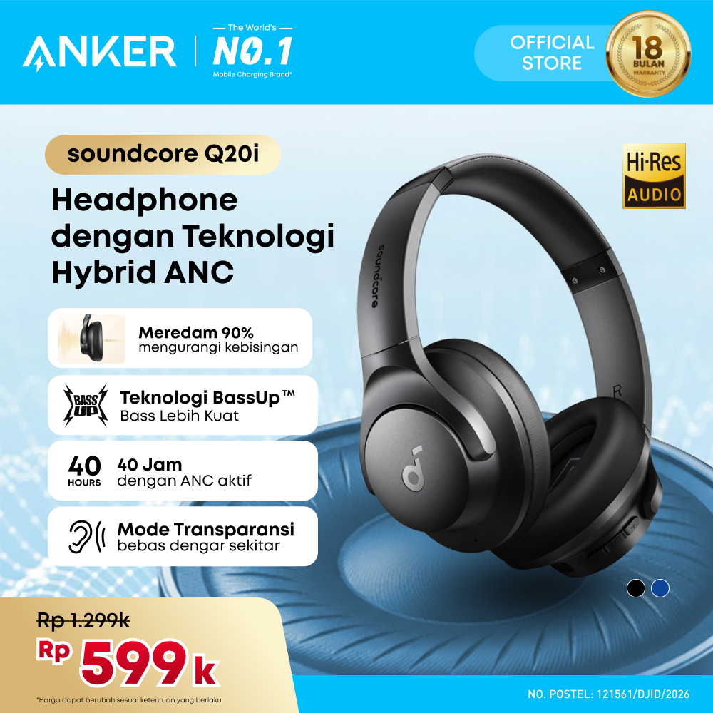 Soundcore by Anker Q20i Bluetooth Headphones with Mic Hi-Res Hybrid ANC Headset with Noise Cancellin