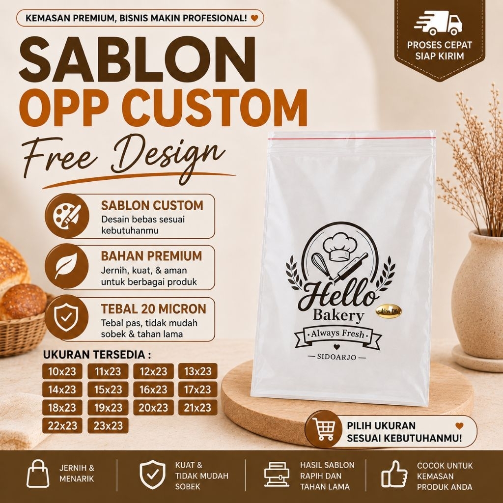 Sablon Plastik Custom Logo Murah | OPP Bening 20 Micron | Kemasan Roti Sobek hajatan Snack Fashion S