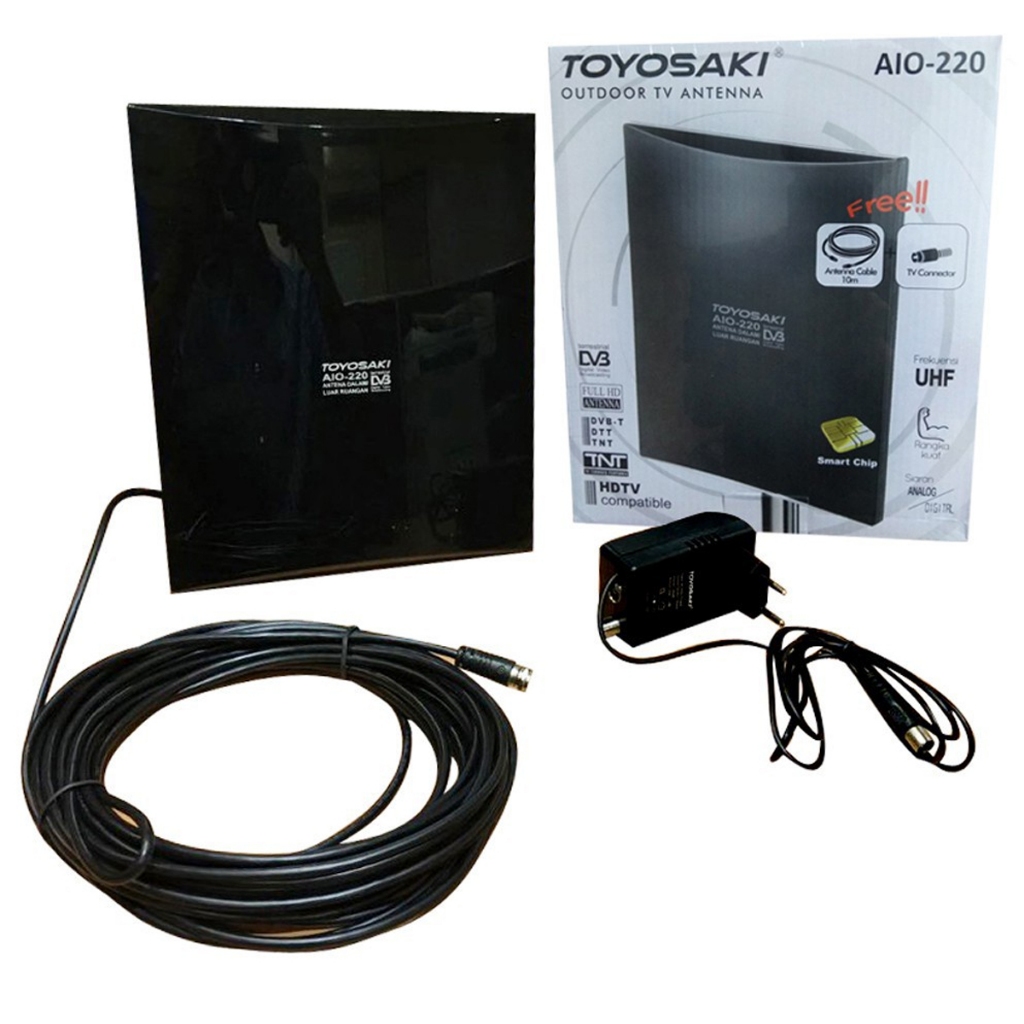 Antena TV Digital & Analog Indoor Outdoor Toyosaki AIO-220AW Boster USB 10 Meter Kabel HD DVB Suppor