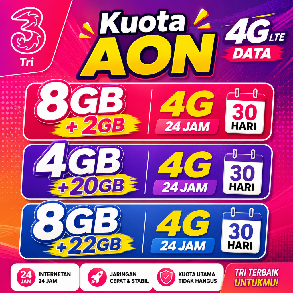 Kuota TRI AON 4G LTE 24 Jam 30 Hari | 8GB+2GB | 4GB+20GB | 8GB+22GB Murah