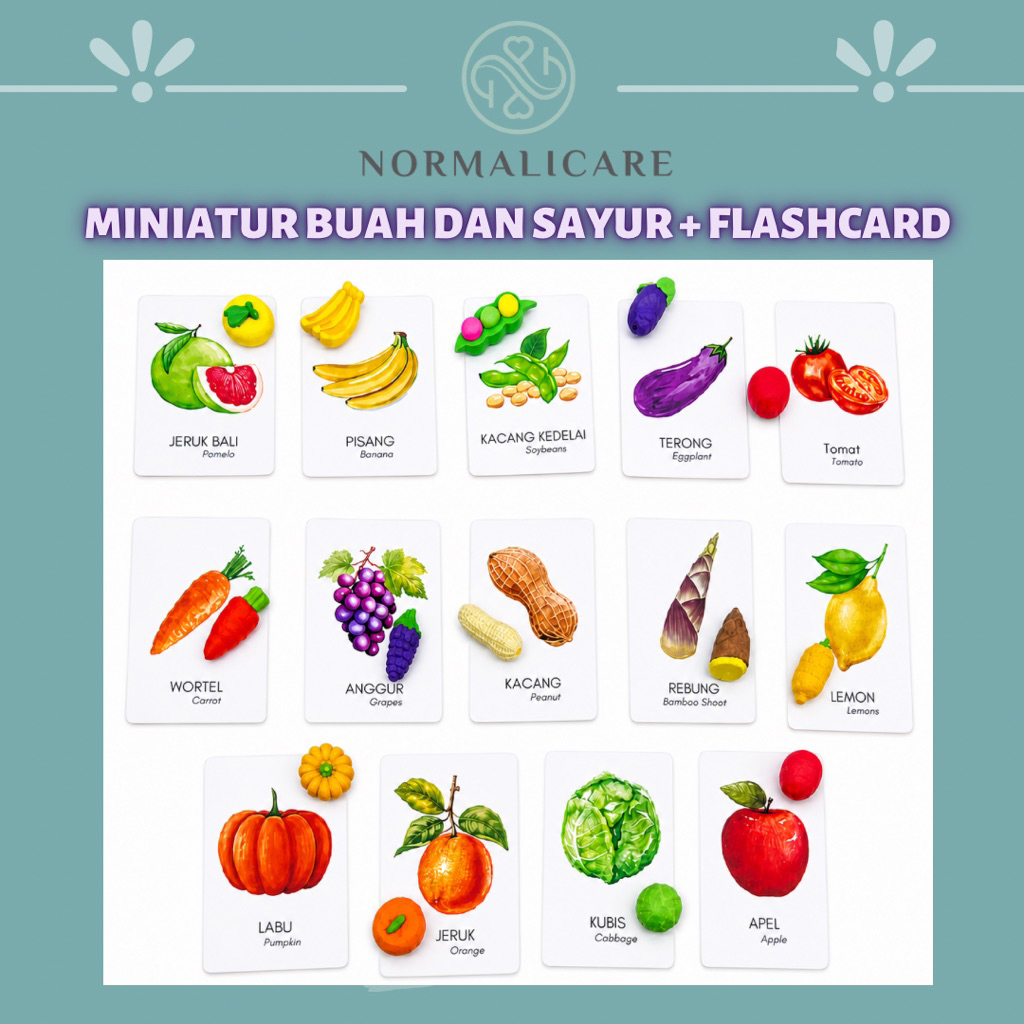 [ READY STOCK ] Mainan miniatur buah dan sayur + flashcard | Mainan mencocokkan buah dan sayur monte