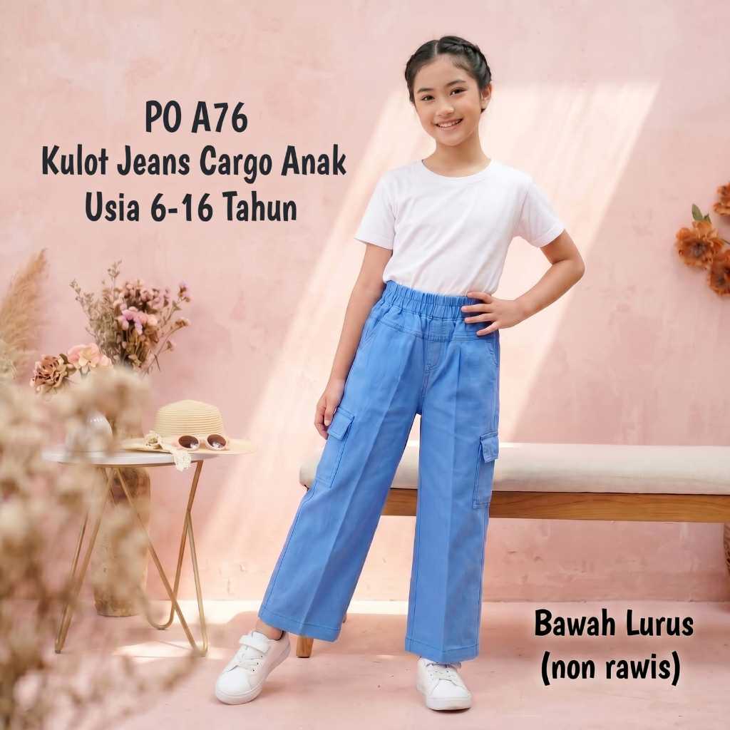 Kulot Jeans Cargo Anak Perempuan Usia 4-16 Tahun / Celana Cargo Jeans Anak Perempuan