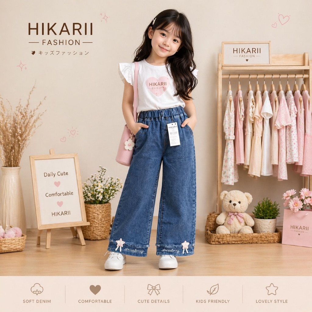 Celana Jeans Kulot Skena Anak Perempuan Usia 2-11 Tahun Motif Bunga/Pita Random