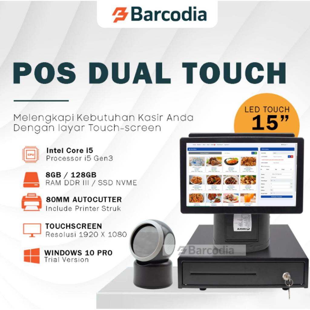 BARCODIA Paket Mesin Kasir Windows Dual Monitor Touchscreen Intel i5 8/256GB