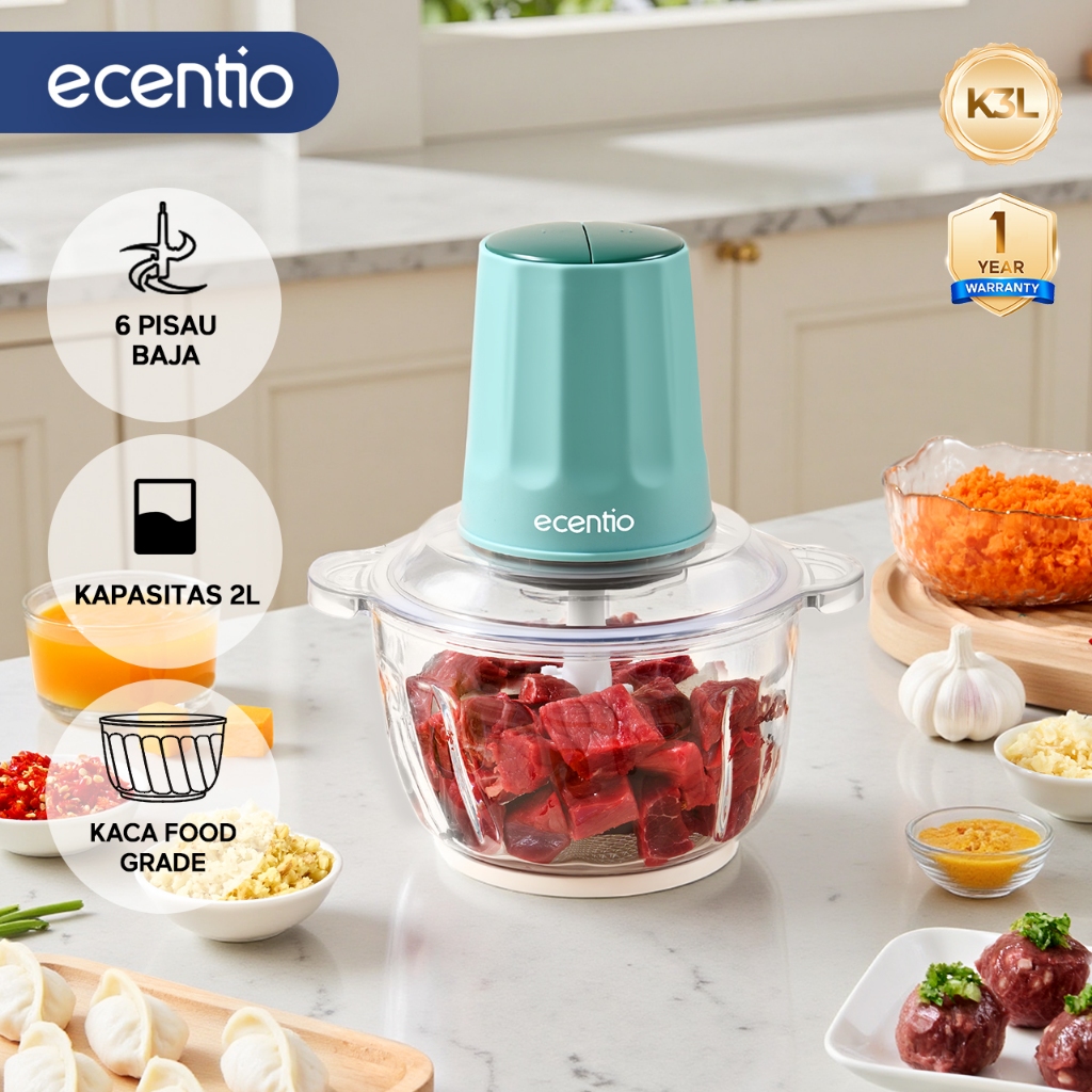 ecentio 3 IN 1 Food Chopper 6 Mata Pisau 2L Kaca Penggiling Daging Processor 350W Food Grade Mesin G