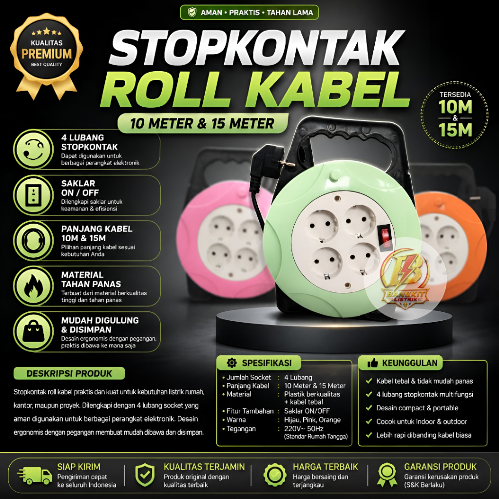 Stop Kontak / Roll Kabel panjang 10 meter / 15 meter Switch