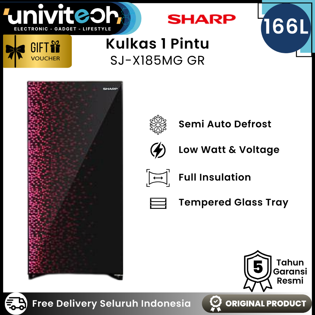 Sharp Kulkas 1 Pintu 166 Liter Low Watt Rak Kaca Fast Cool Semi Auto Defrost Fresh Room - SJ X185MG