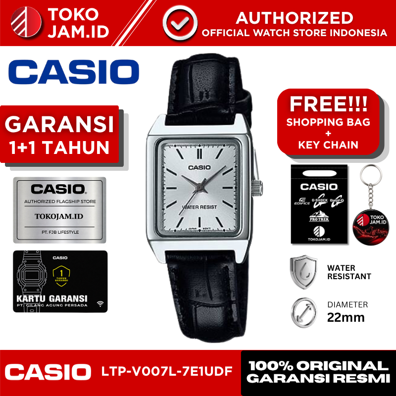 Jam Tangan Wanita Casio LTP-V007L-7E1UDF Original Analog White Dial Black Leather Strap Classic Eleg