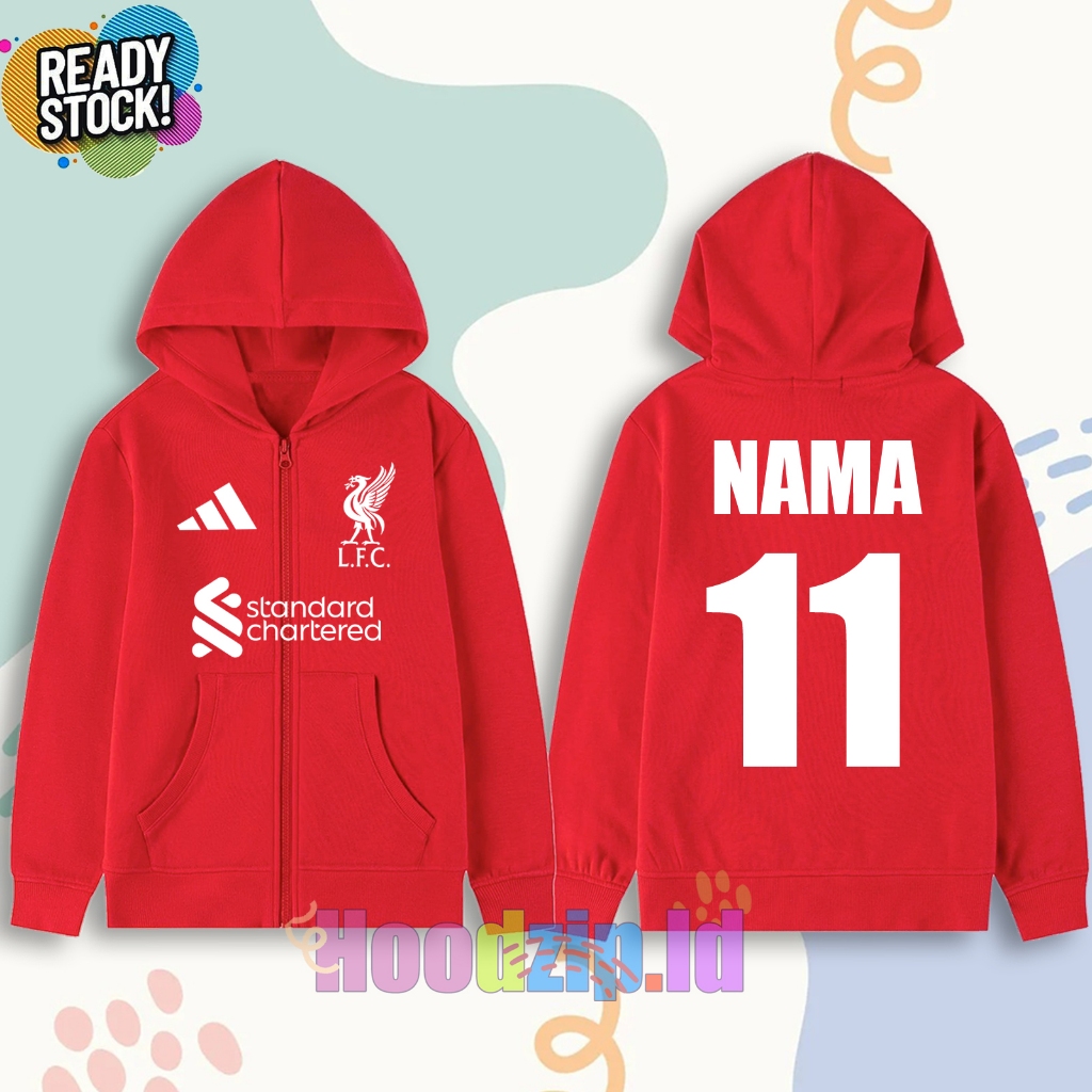 Jaket Zipper Anak Logo Bola Liverpool / Jaket Sweater Hoodie Anak Resleting Liverpool Bisa Custom Na