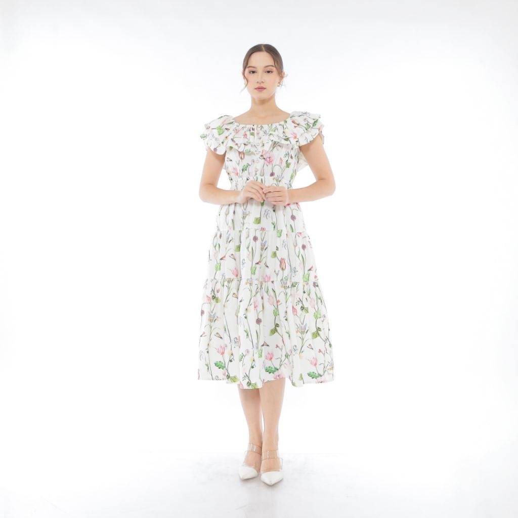MissMoka Bella Midi Dress Floral Spring Summer Style Off-Shoulder Sabrina Neck Lengan Pendek Layer B