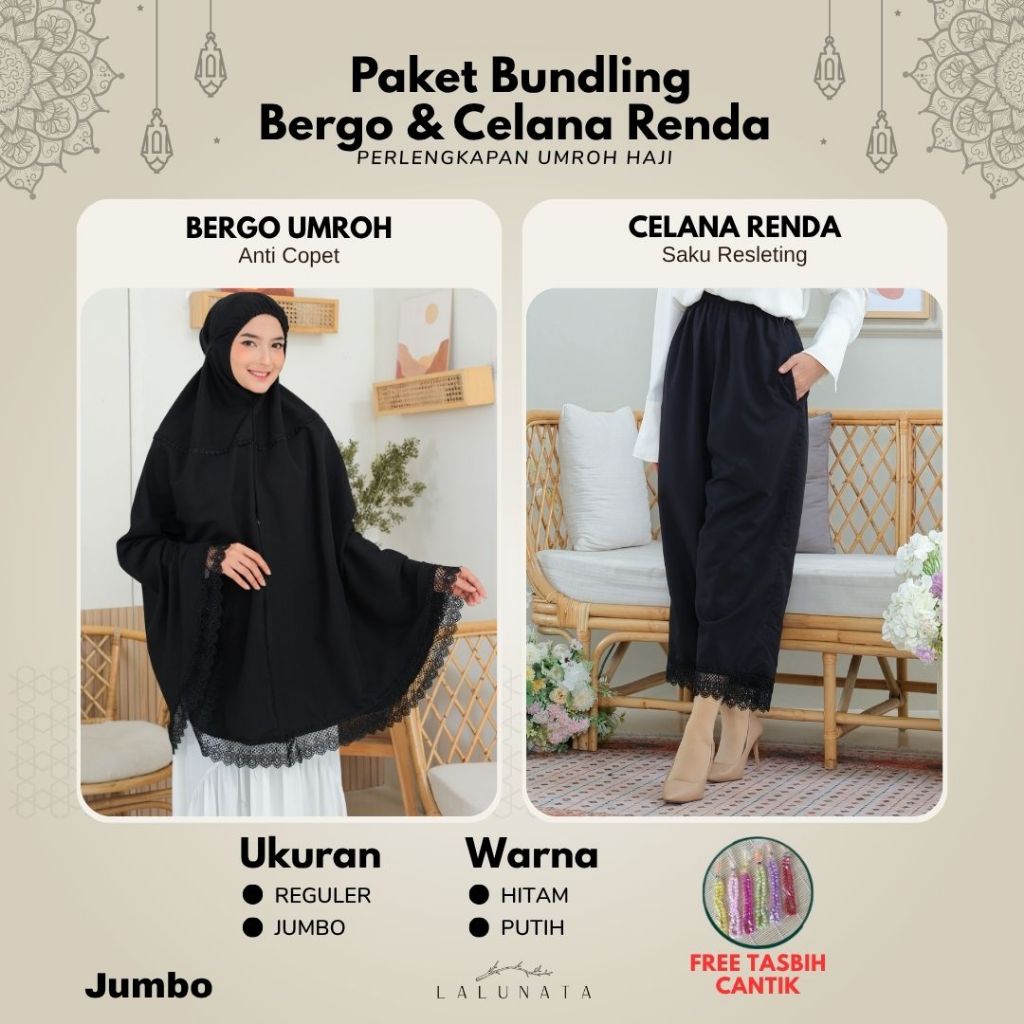 Paket bergo Umroh Anti Copet dan Celana Umroh Wanita Renda Premium Jumbo Reguler By Lalunata.Officia