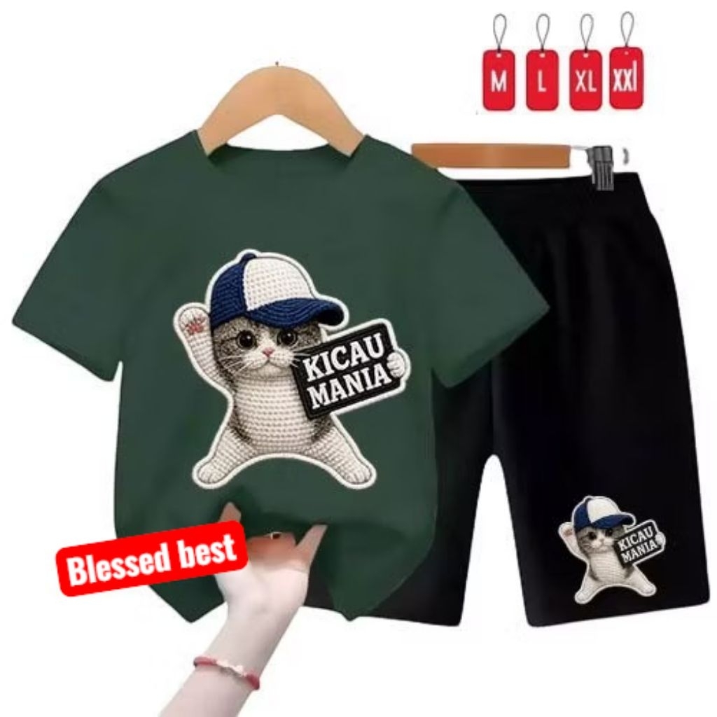 setelan kaos anak-anak dtf gambar 3D efek bordir/gambar kucing kicao mania/set kaos anak-anak lengan