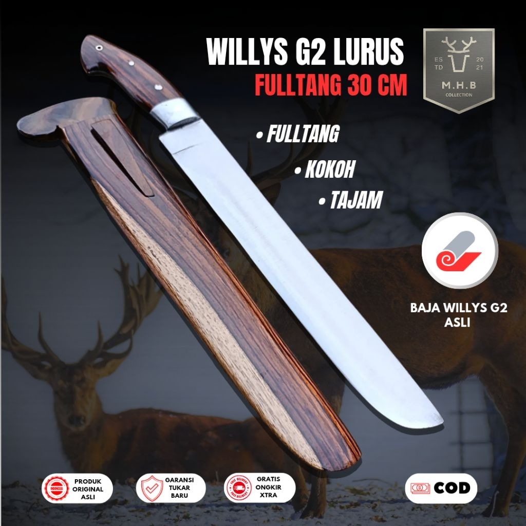 MHB_Collection | Pisau Sembelih Willys G2 - Sonokeling Fulltang Mewah + Duralium Pin - Pisau Daging 